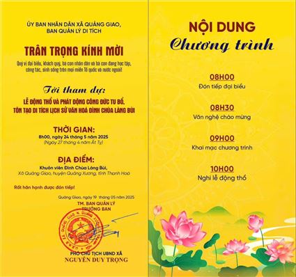 [Thư mời] Lễ động thổ & phát động công đức tu bổ, tôn tạo di tích lịch sử văn hoá Đình Chùa Làng Bùi - xã Quảng Giao
